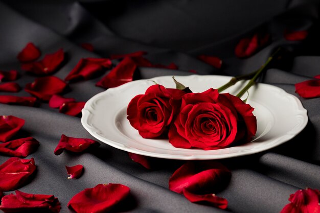 Valentine's day table set with roses on plate