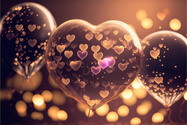 Valentines day bokeh background with glass hearts Holiday gold heart design decoration