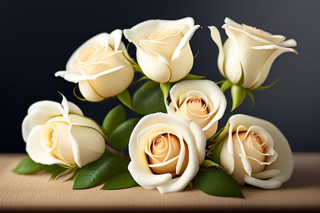 バレンタインデー 白いバラの束がテーブルの上にある
