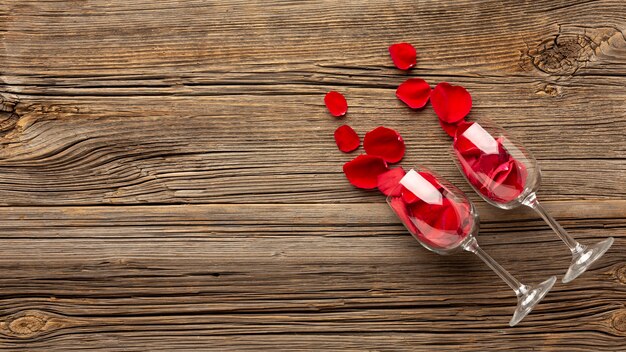 Valentines day composition with champagne glasses and copy space