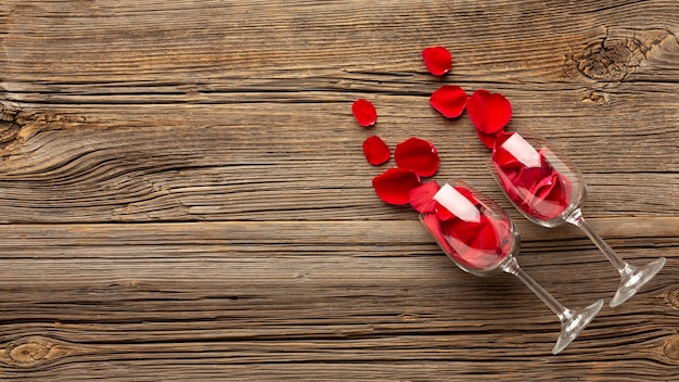Valentines day composition with champagne glasses and copy space