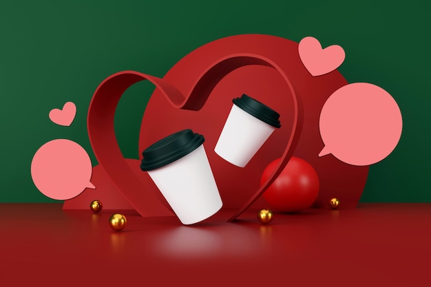 День святого валентина концепция белая чашка кофе на зеленом и красном фоне 3d иллюстрации
