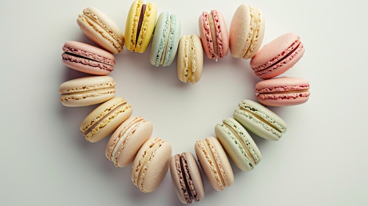 Free Photo valentines day postcard with assorted macarons in pastel shades arranged in a heart shape on a pris