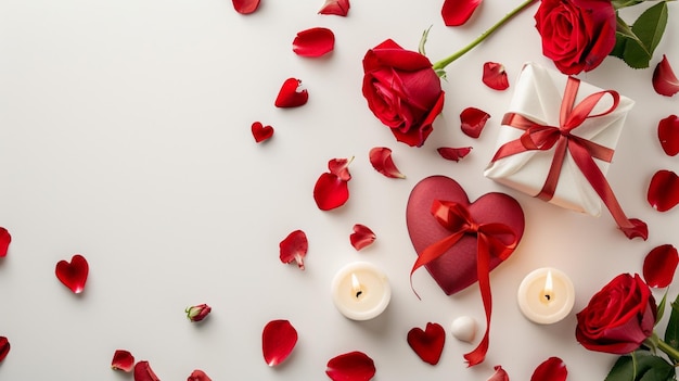 valentines day postcard with gift heart shape roses and candles on white background