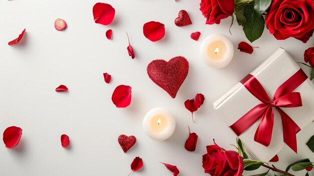 valentines day postcard with gift heart shape roses and candles on white background