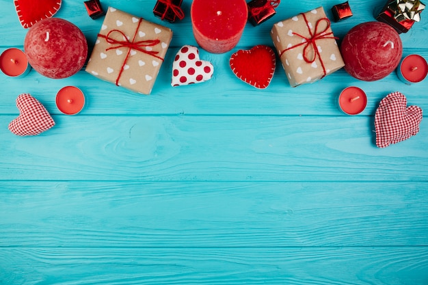 Valentines decorations and presents on light blue surface