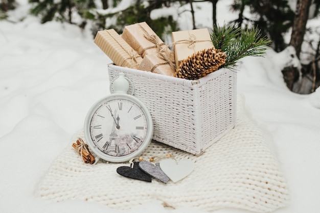 Free photo valentines gifts. present gifts boxes piled in a white wicker basket