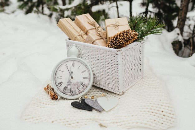  Valentines gifts. Present gifts boxes piled in a white wicker basket 