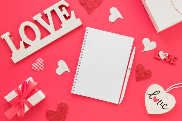 Valentines notebook with pen and presents