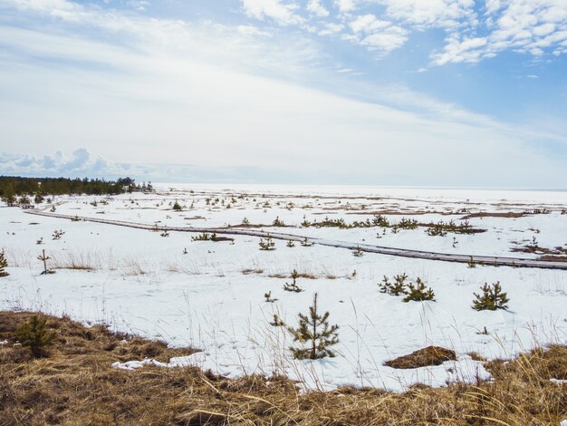 Valley covered with snow under the bright sky in winter