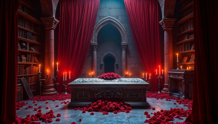 Free Photo vampire casket surrounded by roses