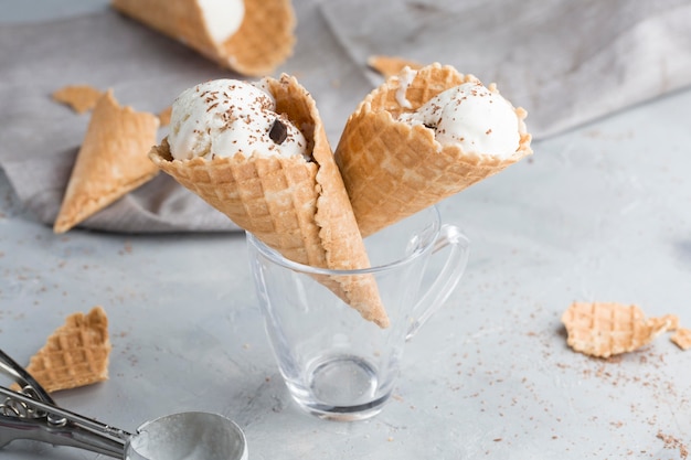 Vanilla ice cream in cones