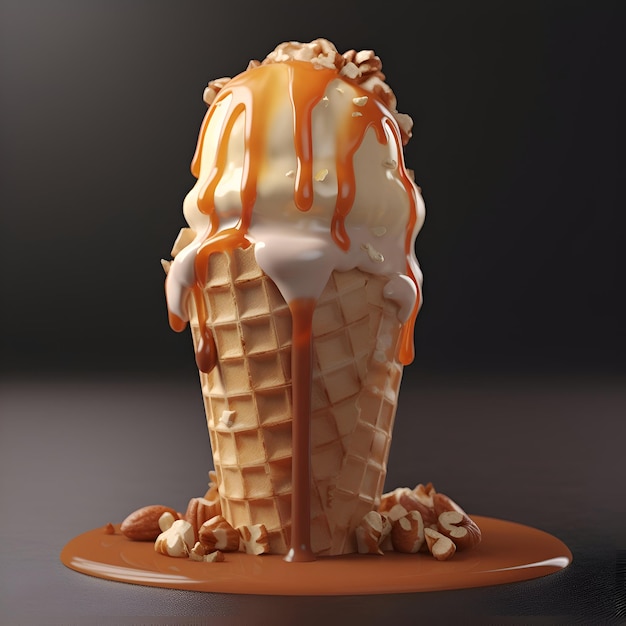 Foto gratuita gelato alla vaniglia in waffle con salsa al caramello su sfondo scuro