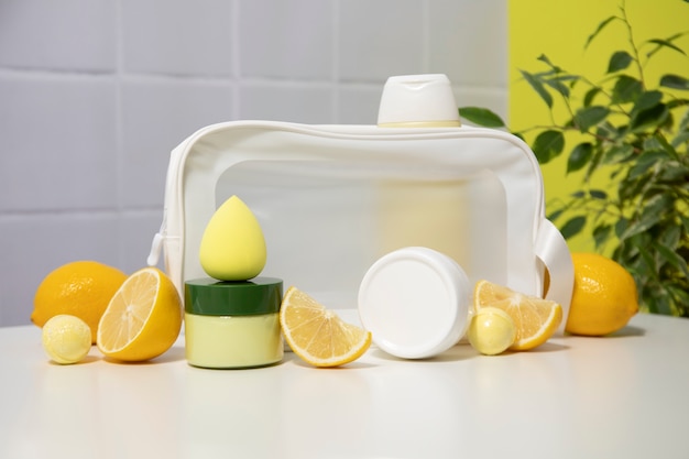 Free photo vanity case and citrus arrangement