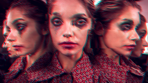 Variety of angles of glitched face of a woman