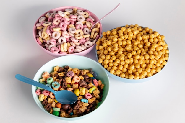 Variety of bowls and cereals high view