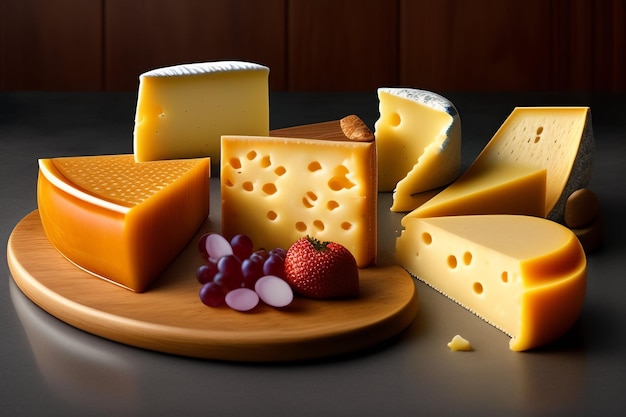 A variety of cheeses are on a table.