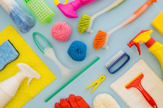 Variety of cleaning equipment on the table