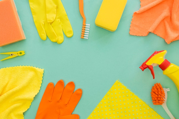 Variety of cleaning equipment on the table