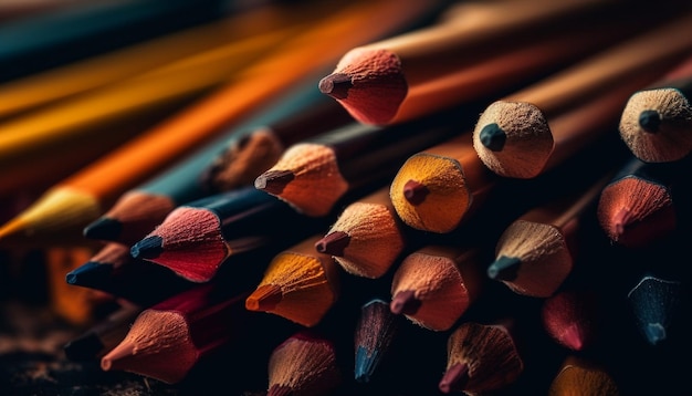 AIが生成した色とりどりの鉛筆が一列に並んでいます