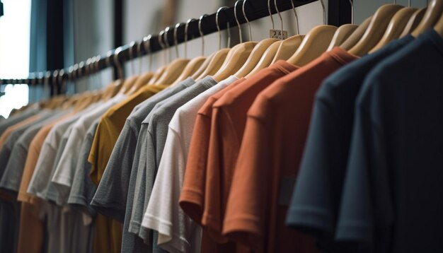 Variety of fashionable garments hang in clothing