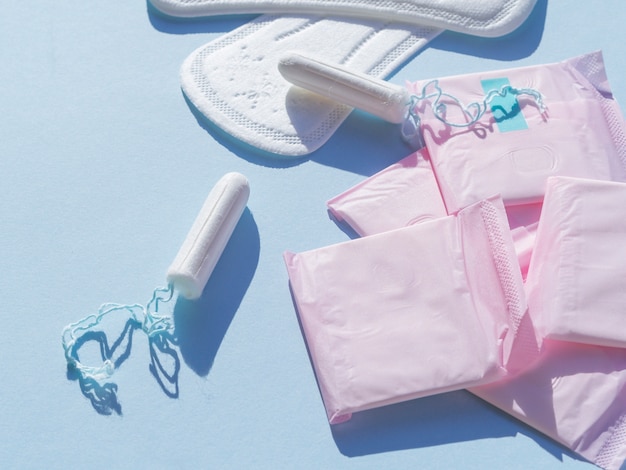 Variety of female menstrual hygiene flat lay