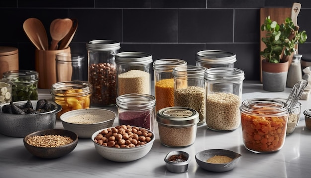 Free photo variety of fresh ingredients in wooden bowls generated by ai