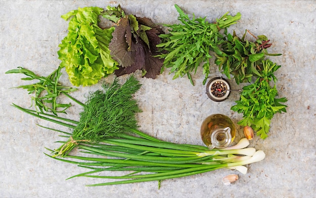 Разнообразие свежих органических трав (салат, руккола, укроп, мята, красный салат и лук). Вид сверху