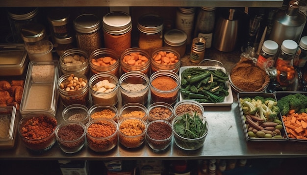 Varietà di verdure fresche e spezie al chiuso generate dall'ia