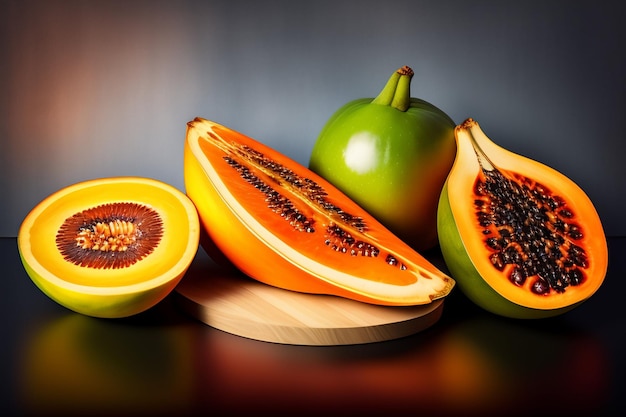 A variety of fruit including a papaya and a papaya.