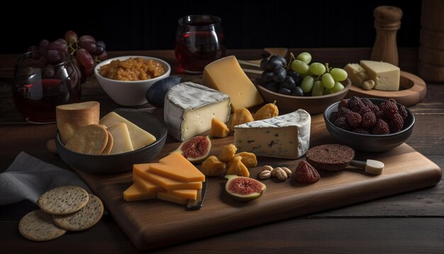 Variety of gourmet cheese fruit and wine generated by AI