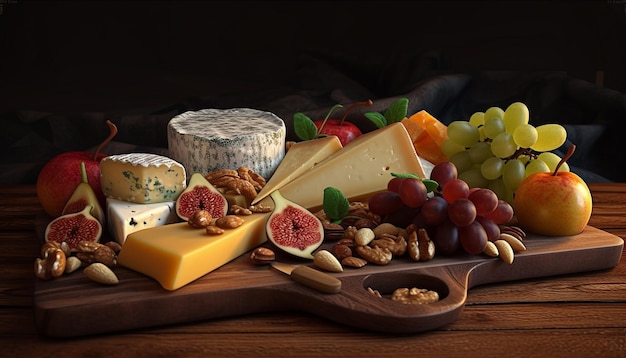 Variety of gourmet cheeses on rustic wooden plank generated by AI