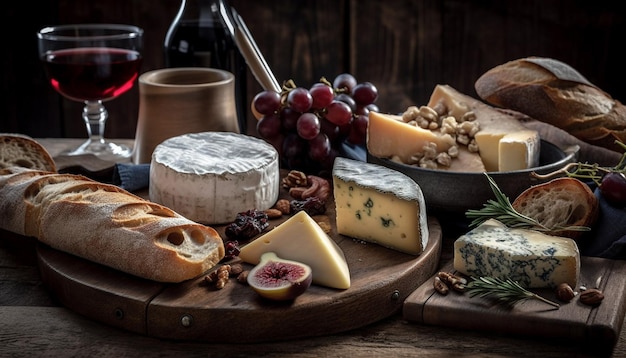 Free photo variety of gourmet cheeses and wine pairing generated by ai