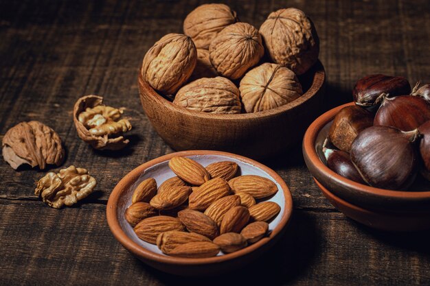 Variety of healthy snacks in bowls