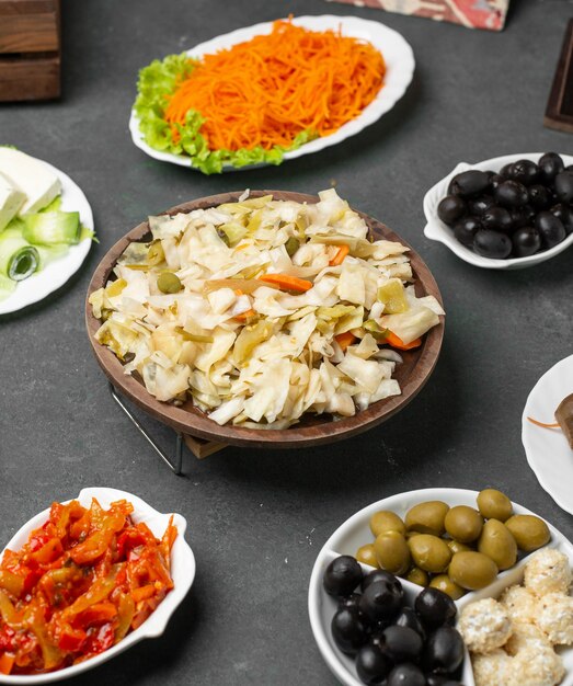 Variety of marinated foods on the table.