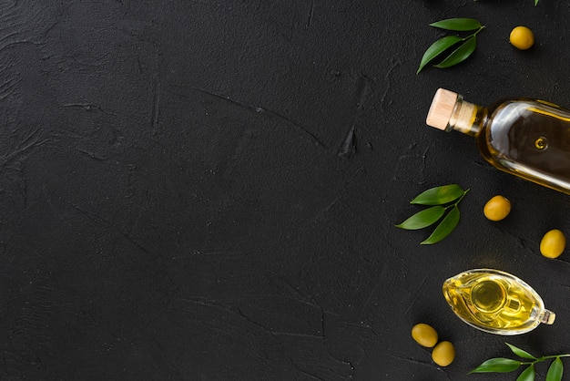 Variety of olive oils with copy space background