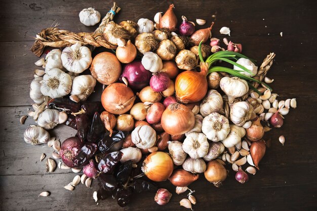 Variety of onions and dried chili