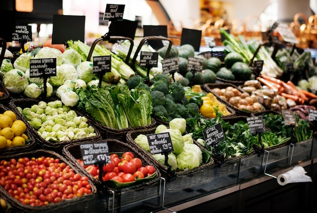 Variety of organic vegetables in a supermarket