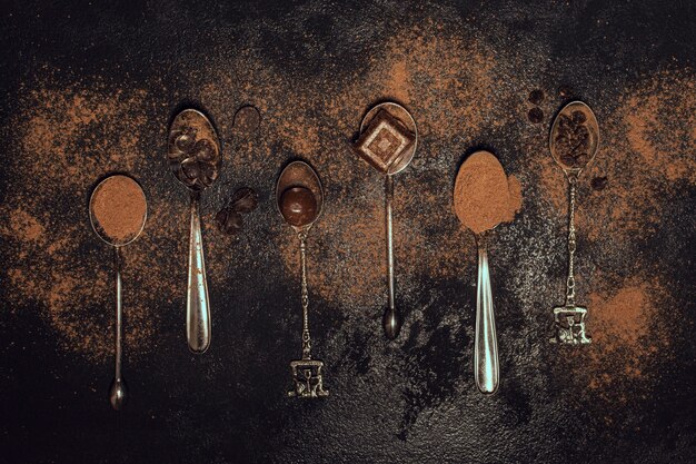 Variety of silver spoons with cacao powder