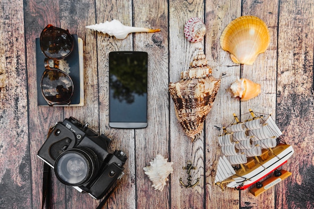 Variety of souvenirs and traveling items