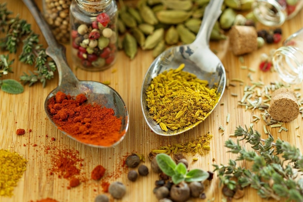 Variety of spices and herb on a wooden board