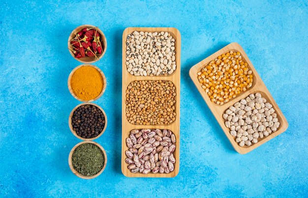 Free photo variety of spices and raw beans on blue surface