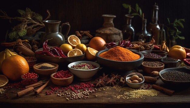 Variety of spices in wooden bowl decoration generated by AI