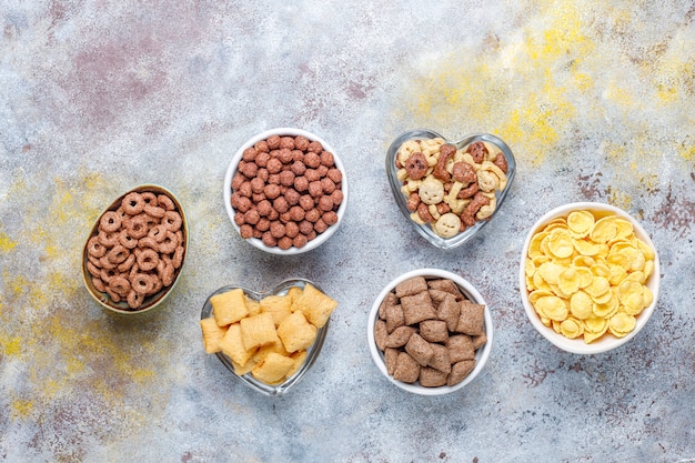 Various breakfast cereals, top view