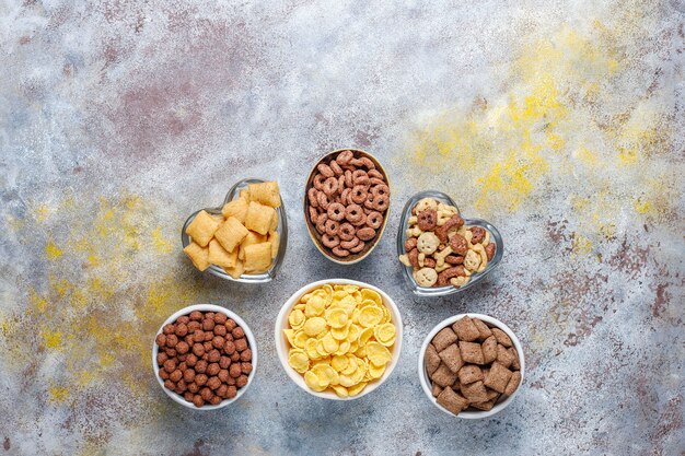 Various breakfast cereals, top view