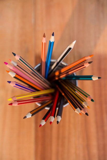 Various color pencil arranged in pencil holder