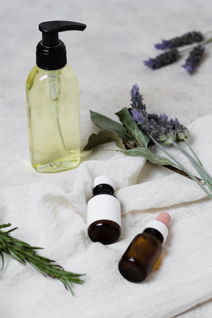 Free photo various containers for lavender oils