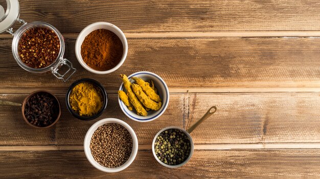 Various containers with spices