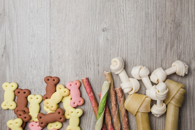 Various of dog snacks on floor