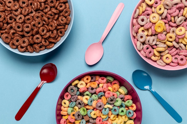 Various flavours of cereal loops fruit and chocolate